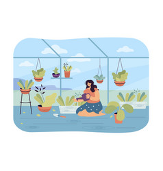 Woman Watering Plants In Interior Garden