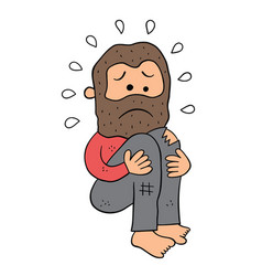 Cartoon Homeless Man Crouching And Very Sad