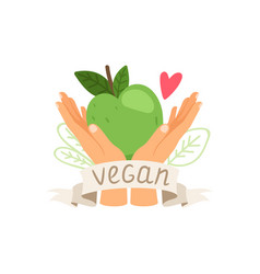 Vegan Label Icon With Apple And Hands