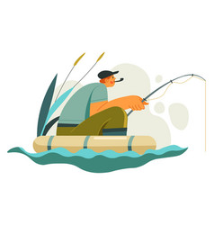 Man Holding Fishing Rod Sitting In Boat On Lake