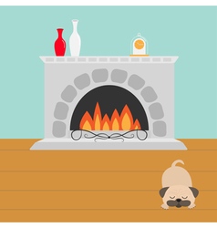 Fireplace With Fire Sleeping Mops Pug Dog Vase Set