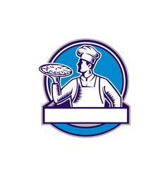 Pizza Chef Serving Circle Woodcut