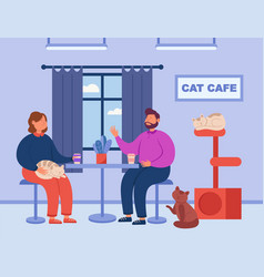 Young Cartoon Couple Sitting In Cat Cafe