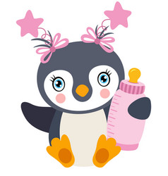 Cute Baby Girl Penguin Holding A Baby Bottle