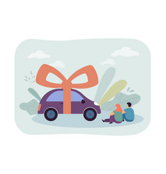 Cartoon Couple Looking At New Car With Ribbon