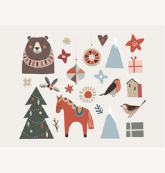 Set Of Christmas Scandinavian Animals And Natural