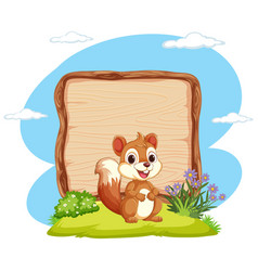 Cartoon Squirrel Beside A Blank Wooden Sign