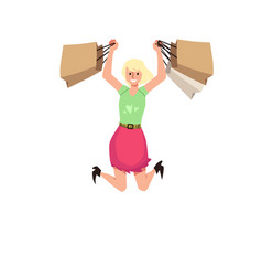 Cheerful Woman Jumping With Shopping Bags