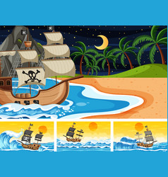 Set Of Ocean With Pirate Ship At Different Times