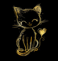 Gold Doodle Lines Hand Drawn Cartoon Cute Kitten