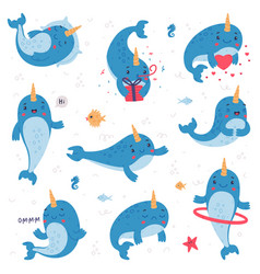 Cute Baby Narwhal Set Funny Sea Mammal Animal