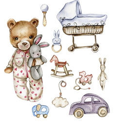 Set Of Watercolor Baby Toys And Teddy Bear Wood