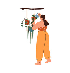 Woman Watering Potted House Plants Hanging