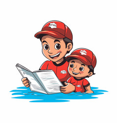 Father And Son Reading A Newspaper In The Water