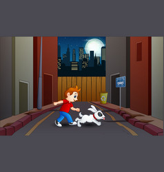 Cartoon A Boy Walking With His Dog At Night