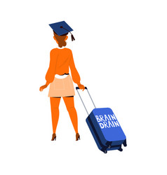 Woman In Graduation Cap With Suitcase Leaving