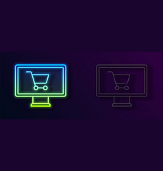 Glowing Neon Line Shopping Cart On Monitor Icon