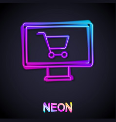 Glowing Neon Line Shopping Cart On Monitor Icon