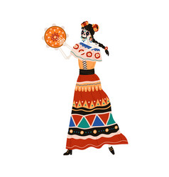 Mexican Katrina Playing Tambourine For Day Of Dead