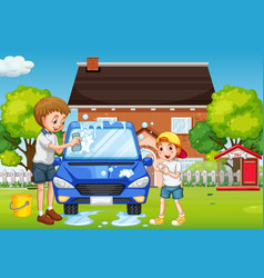 Dad And Son Washing Car In Front House