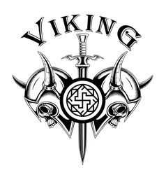 Viking Skulls In Helmets Sword Valkyrie