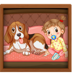 Baby With Dog Photo On Wooden Frame