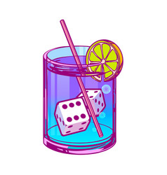 Cocktail With Playing Ice Cubes In Pop Art Style