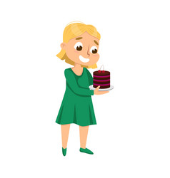 Cute Girl Holding Plate With Chocolate Cake Kid