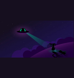 Two People Looking At Ufo In Dark Night Sky