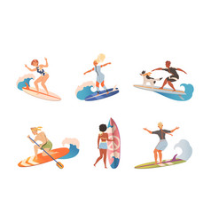 Set Of People In Swimwear Surfing In Sea Or Ocean