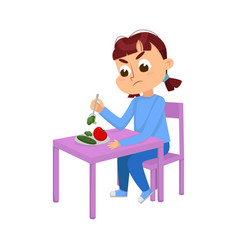 Cute Girl Sitting At Table And Eating Child Does