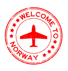 Grunge Red Welcome To Norway Word With Plane Icon