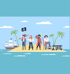 Pirate Island Cartoon Robbers Ship Crew With