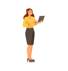 Cheerful Woman Office Worker Standing With Laptop