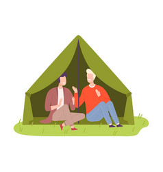 Young Men Camper Sitting Under Tent And Talking