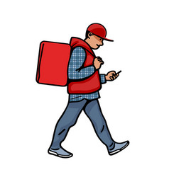 Delivery Man Walking Courier On Foot With Red