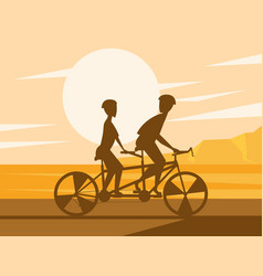 Couple In Tamden Bicycle Sunset