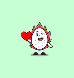 Cute Cartoon Dragon Fruit Holding Big Red Heart