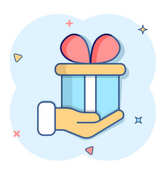 Gift Box Icon In Comic Style Present On Hand