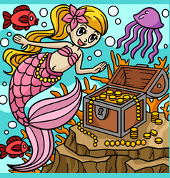 Mermaid With Treasure Box Colored Cartoon