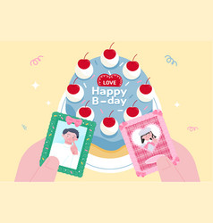 A Hand Holding Birthday Cake And Photo Card