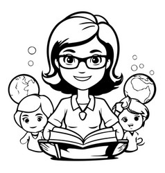 Teacher With Children Reading A Book In Cartoon