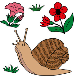 Cartoon Snail Flowers And Green Grass