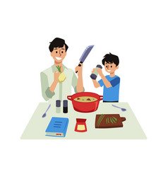 Father And Son Cooking On Stove In Kitchen Flat