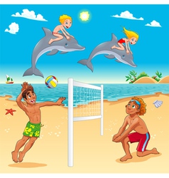 Funny Summer Scene With Dolphins And Beachvolley