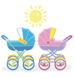 Newborn Twins In Baby Carriages On A Sunny Day