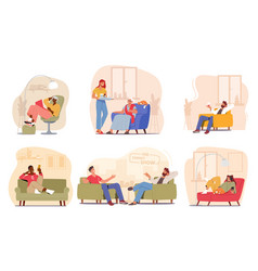 Set Of Male And Female Characters On Their Couches