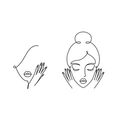 Set Of Line Art Woman Portraits Hands Touch Face