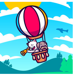 Cute Cat And Dog Flying With Hot Air Balloon