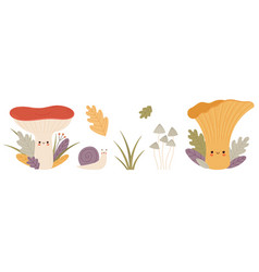 Funny Mushroom Characters Snail And Autumn Leaves